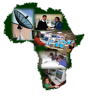 Map of Africa with images of regulators and telecommunications instruments.