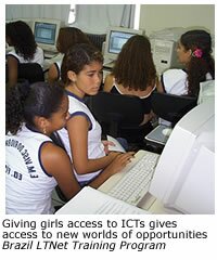 Photo from Brazil LTNet Training Program of girls working on computers. Caption reads Giving girls access to ICTs gives access to new worlds of opportunities