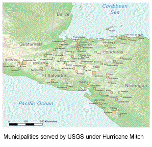 Map of Centra American municipalities served by USGS under Hurricane Mitch.