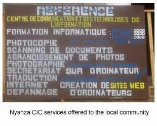 Services offered at Nyanza CIC, including training, photocopying, scanning and photo enlargement, web site creation, and Internet access.