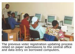 Photo of data entry clerks. The previous voter registration updating process relied on paper submissions to the central office and data entry on borrowed computers.