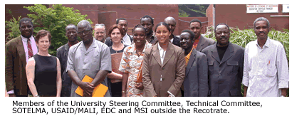 Members of the University Steering Committee, Technical Committee, SOTELMA, USAID/MALI, EDC and MSI outside the Recotrate.