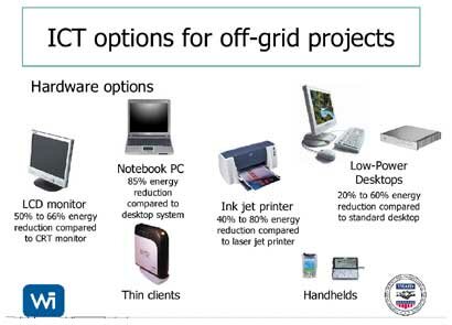Off-Grid ICT Options (LCDs, handhelds, notebooks, thin client, ink jet printers, low power desktops).