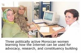 Three politically active Moroccan women learning how the Internet can be used for advocacy, research, and constituency building